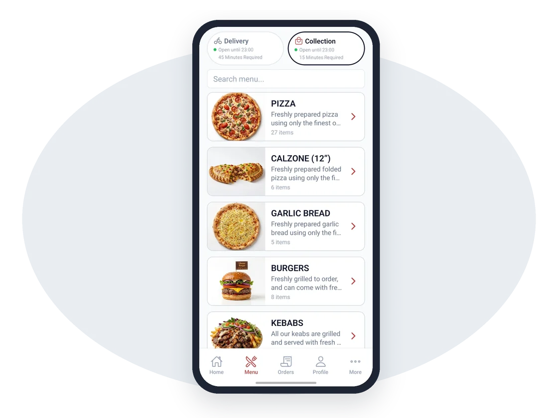 App menu with categories and a choice of delivery or collection