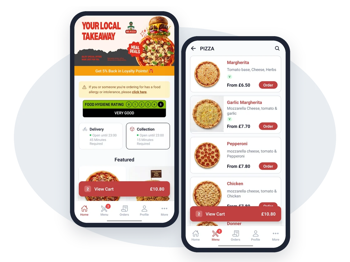 A restaurant's branded ordering app on two phones: the home screen and the pizza menu