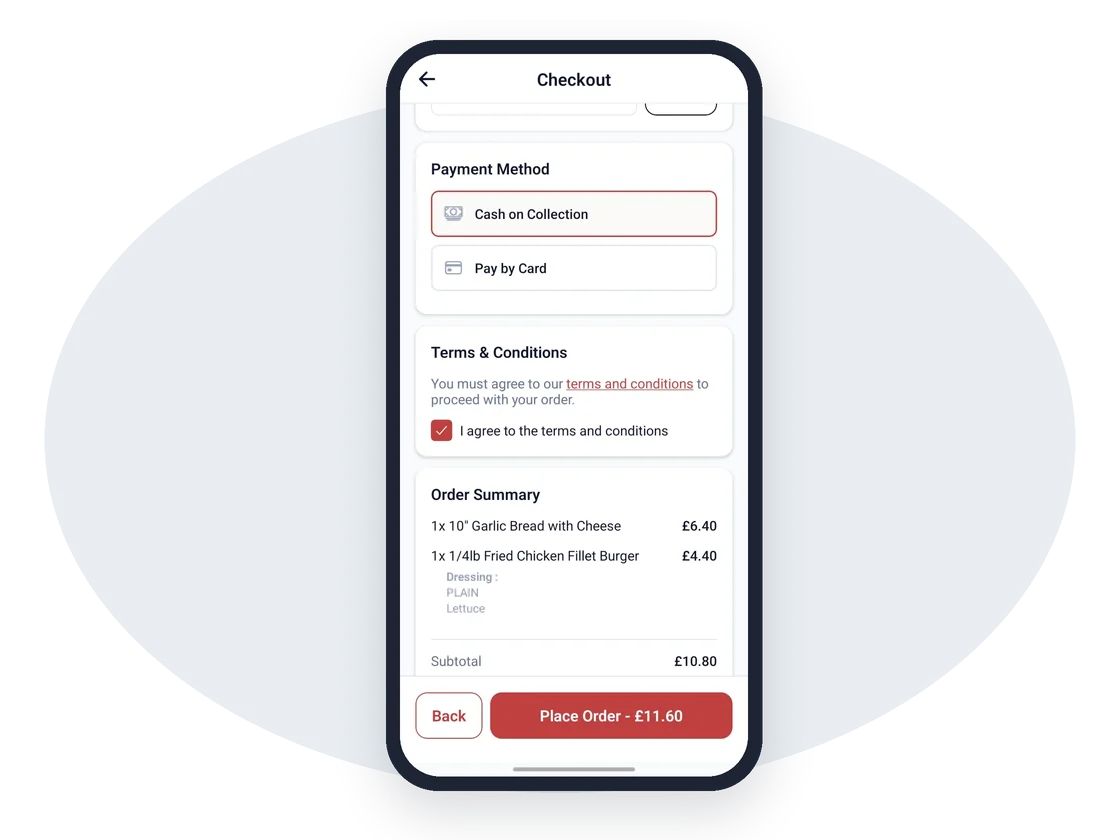 Mobile checkout with the payment method and order summary