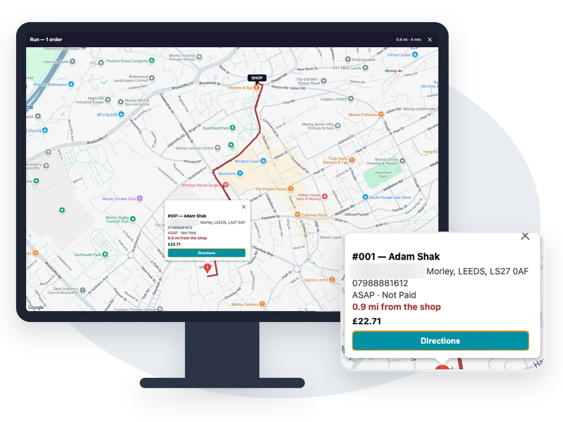 Delivery run on the till's map with the route from the shop to the customer