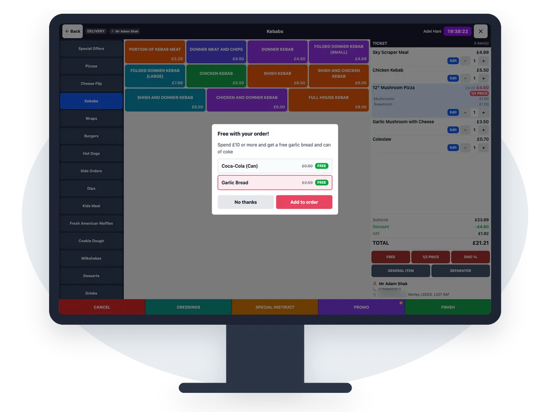 The Novusoft Pro EPOS order screen with a ticket and a free-item offer pop-up