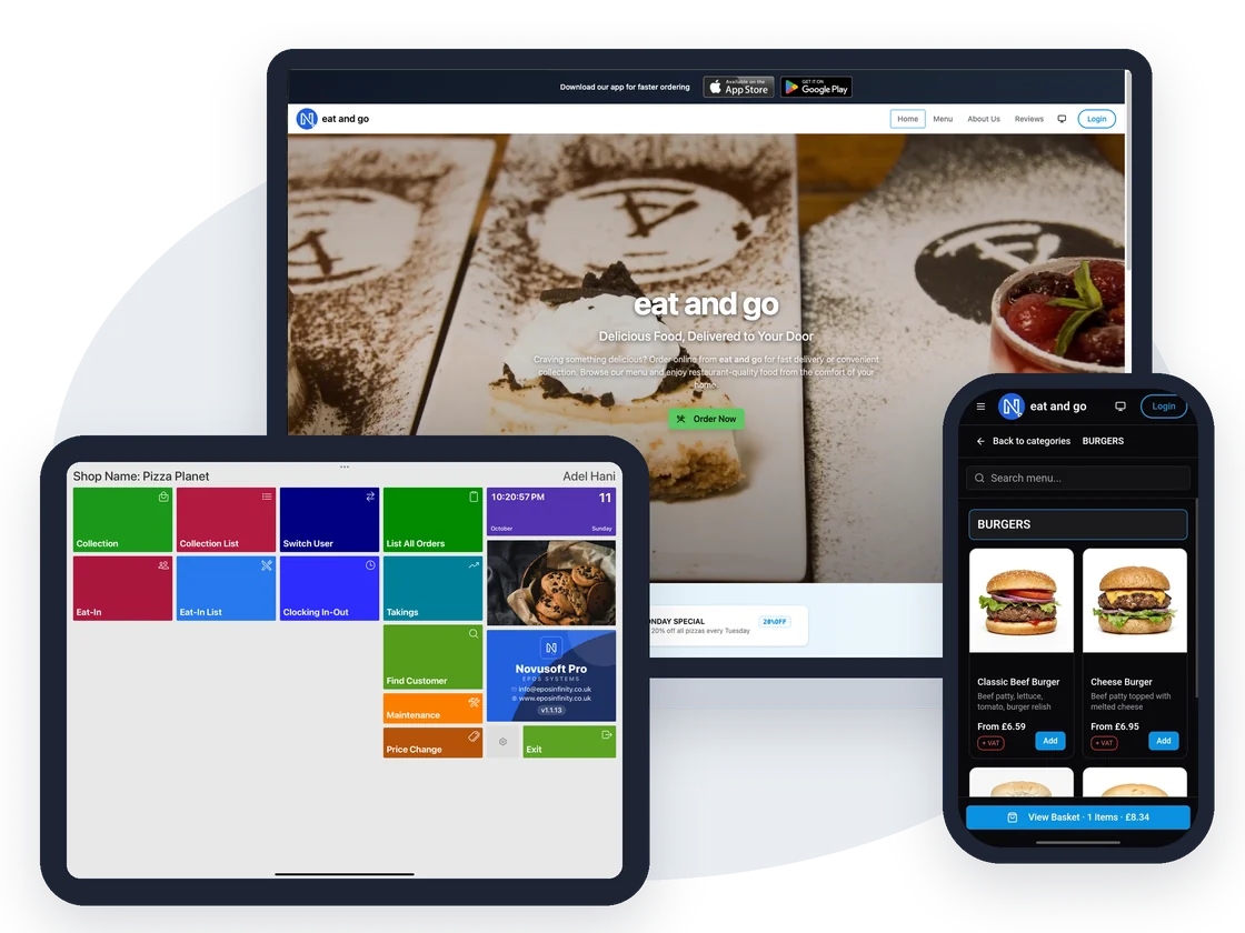 Novusoft Pro on a till, a phone, a tablet and a kiosk