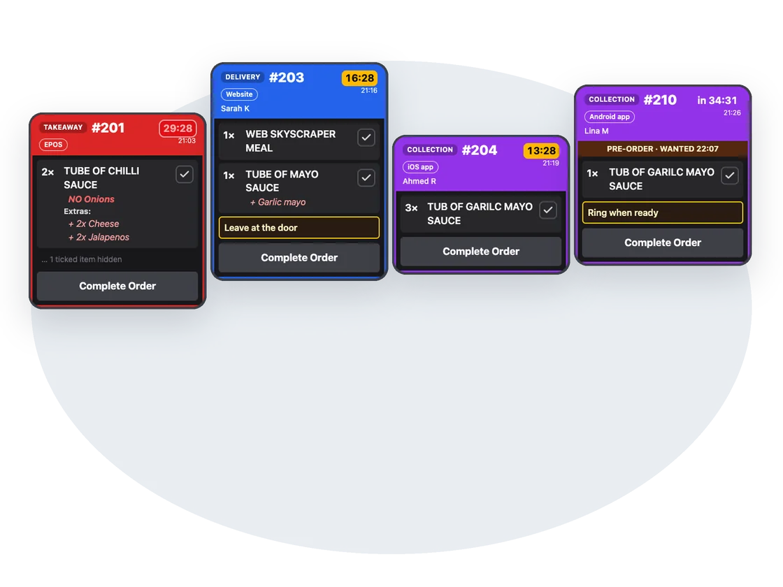KDS tickets for takeaway, delivery and collection orders, including a pre-order