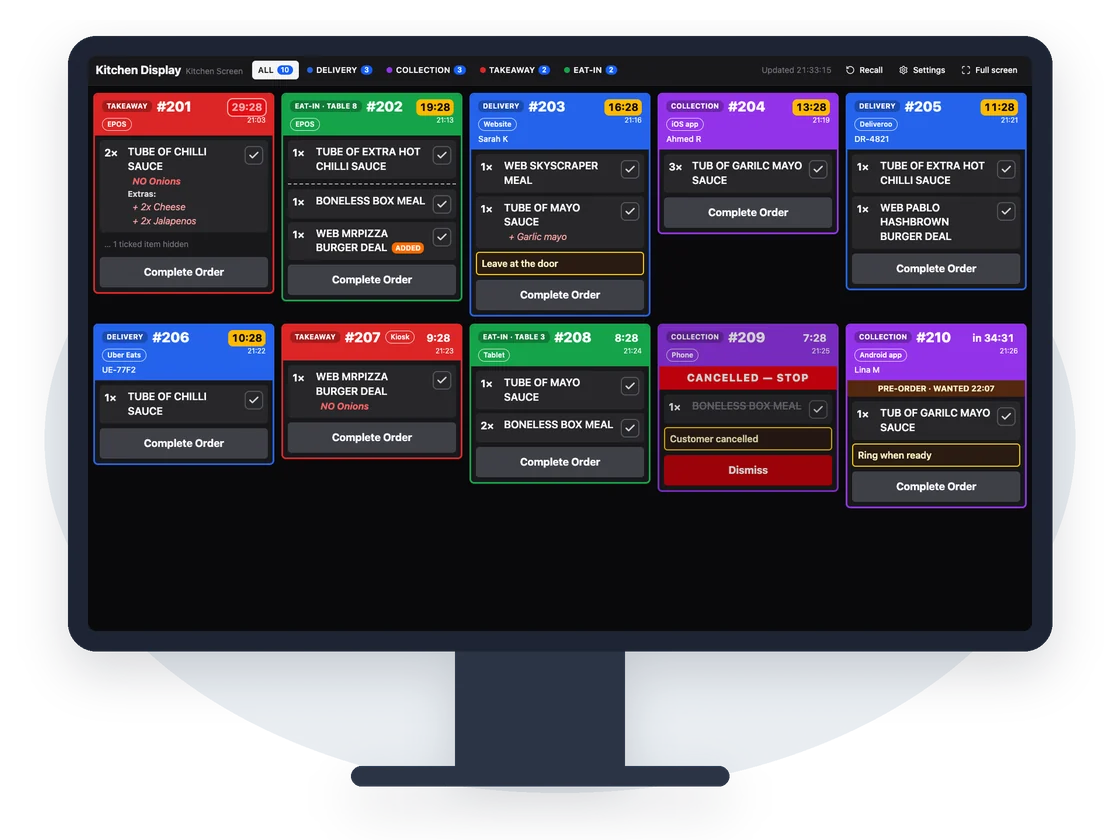 Kitchen display with colour-coded order tickets