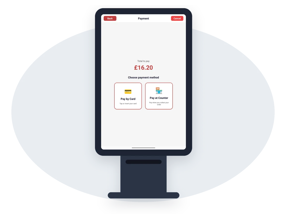 Kiosk payment screen: pay by card or at the counter