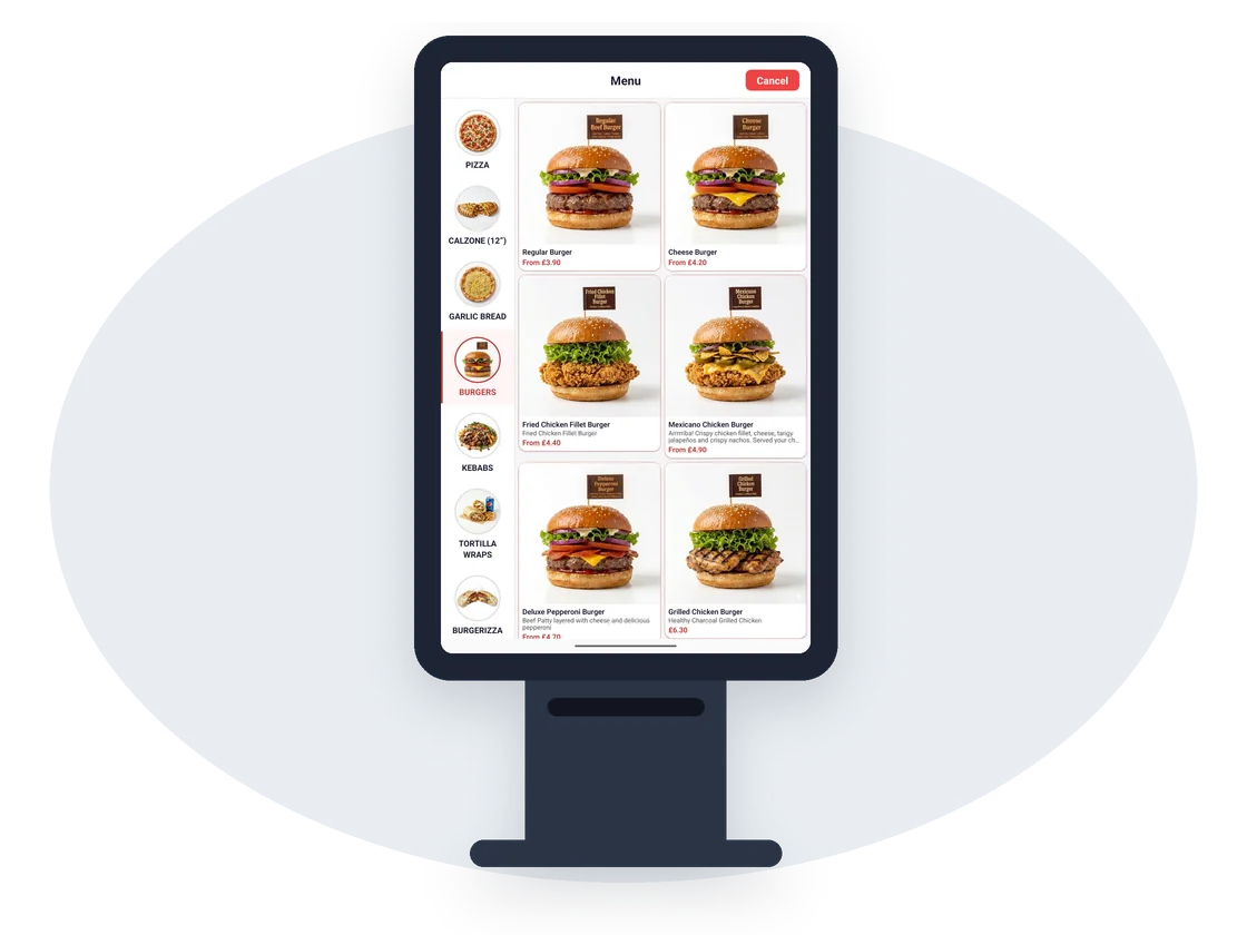 Self-service kiosk showing a picture menu of burgers