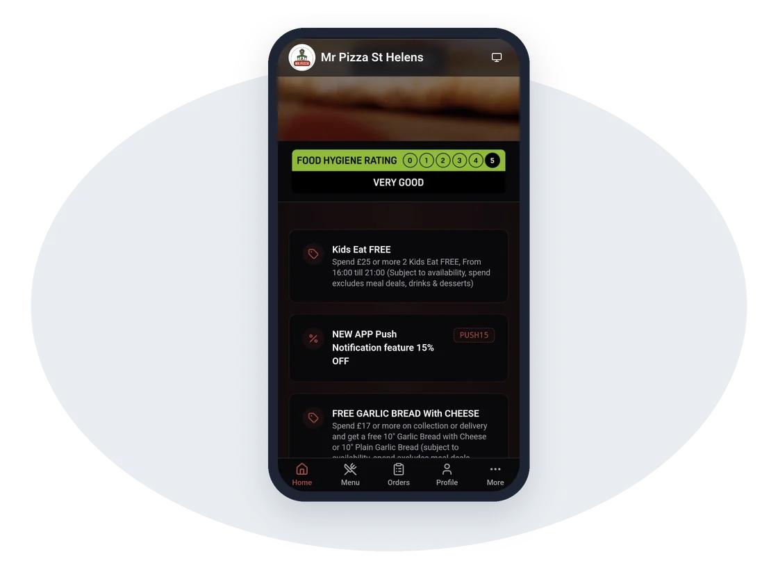 Offers and a discount code on a restaurant's app