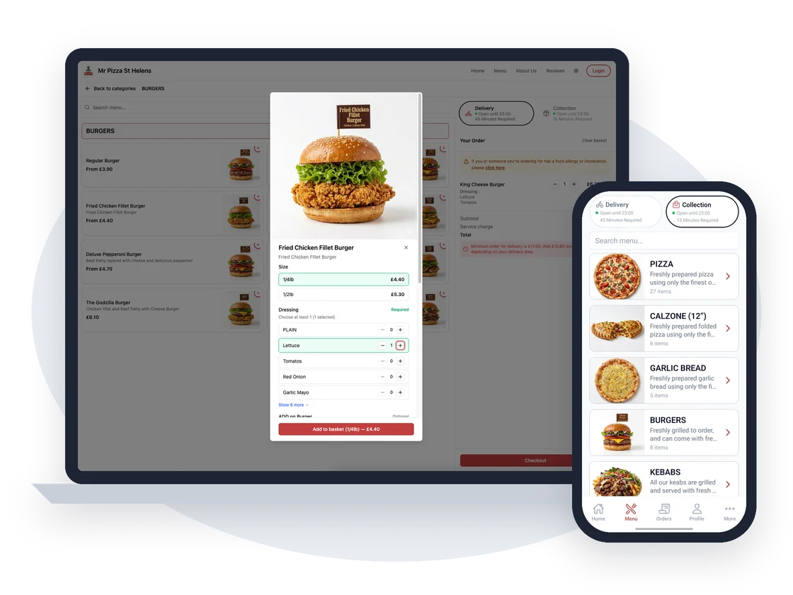 A restaurant's branded ordering website on a laptop and phone
