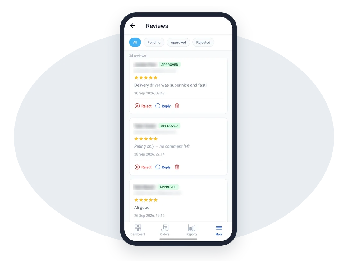 Customer reviews to approve, reject or reply to