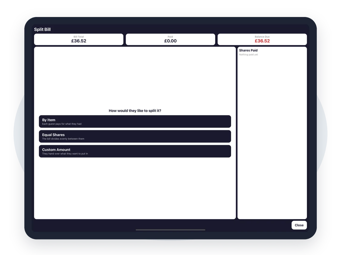 Split bill screen: by item, equal shares or a custom amount