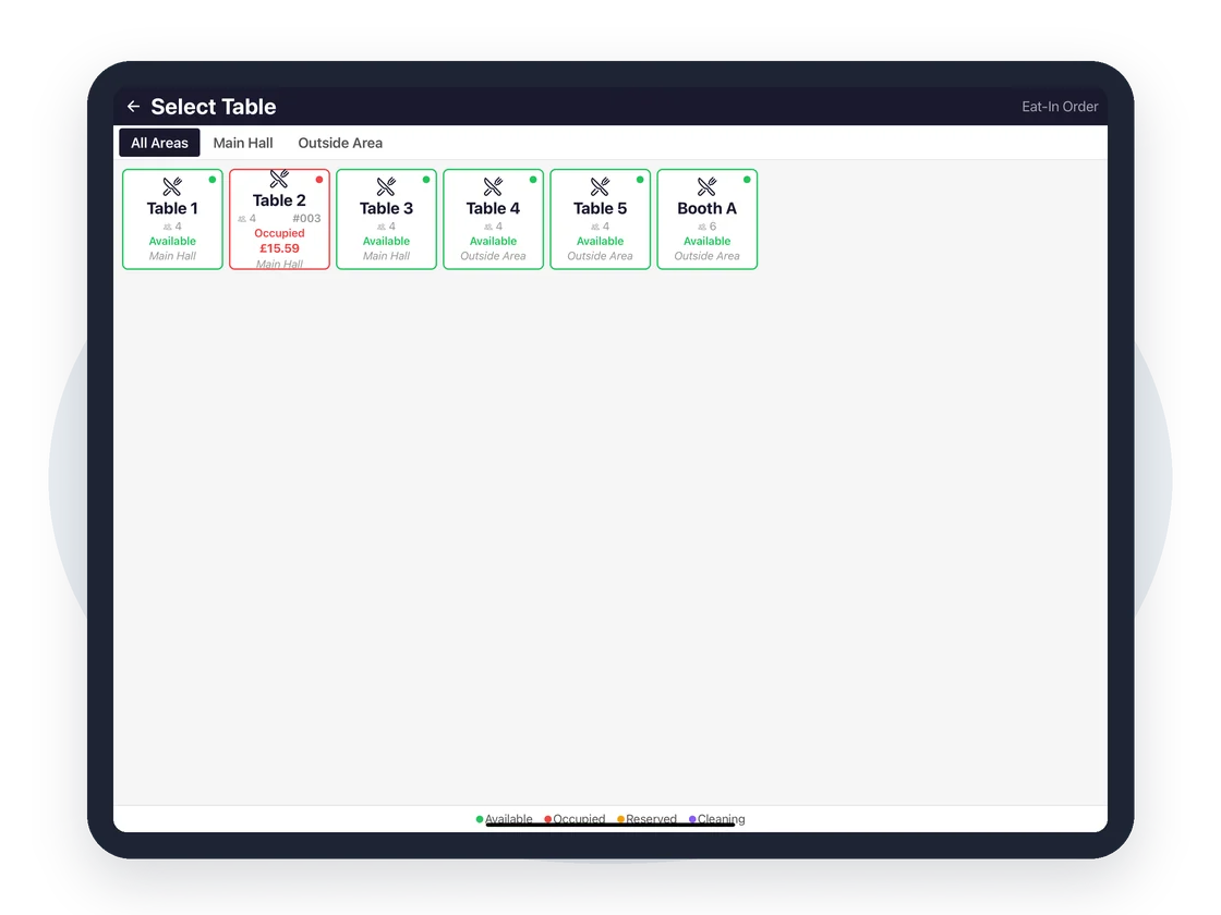 Table plan on the tablet with free and occupied tables