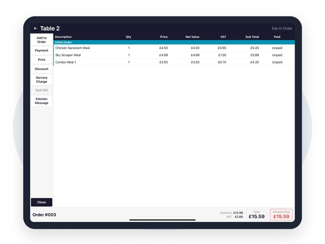 Tablet EPOS showing a table's order and the amount due