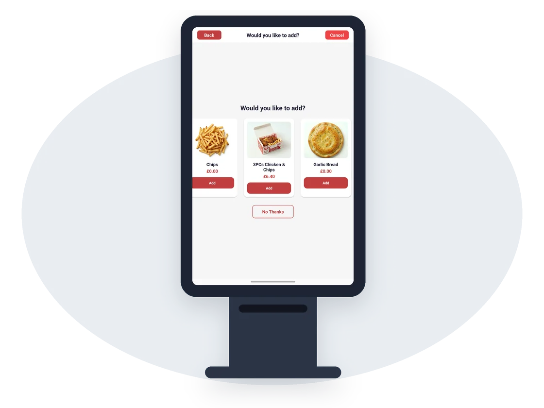 Kiosk upsell screen suggesting chips, chicken and garlic bread